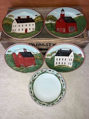 Country Village Decorative Dinner Plates - Red, Green, White